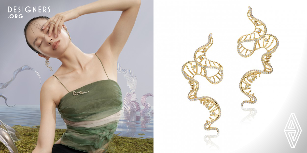Inspired by the growth patterns of plants, The Venation jewelry collection integrates the trend of spiraling growth of plants up and out over time into jewelry. The work uses the irregular outline and the density of the middle structure to show the dynamic and texture of life growth. The streamlined undulations reveal organic forms, and the overall work reflects a dynamic sense of extension. K gold and diamond combine to create a rich sense of space and a strong sense of three-dimensional, reflecting the modeling ability and a high level of technology. 