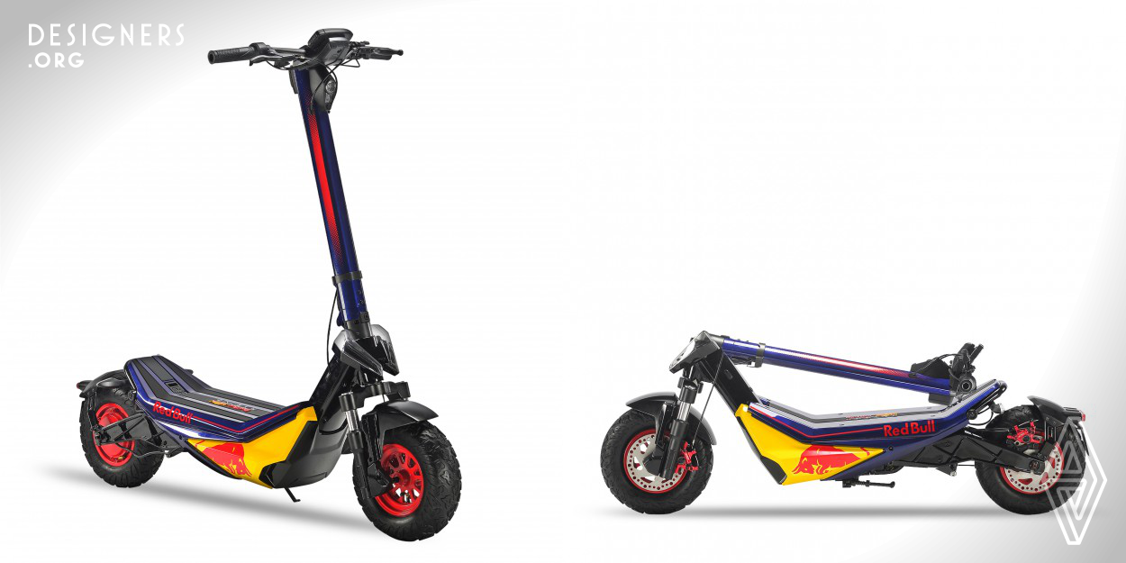 The Race Eleven is a unique electric folding scooter which combines design and style of Red Bull Racing cars with the knowledge in the electric mobility world. With outstanding design, battery and motor, it grants high performances for daily commute, city ride or off-roading. It features great suspensions and sturdy wheels, ensuring durability, power and comfort. With specialized technology, this Red Bull Racing electric scooter can be completely folded to be carried anywhere.