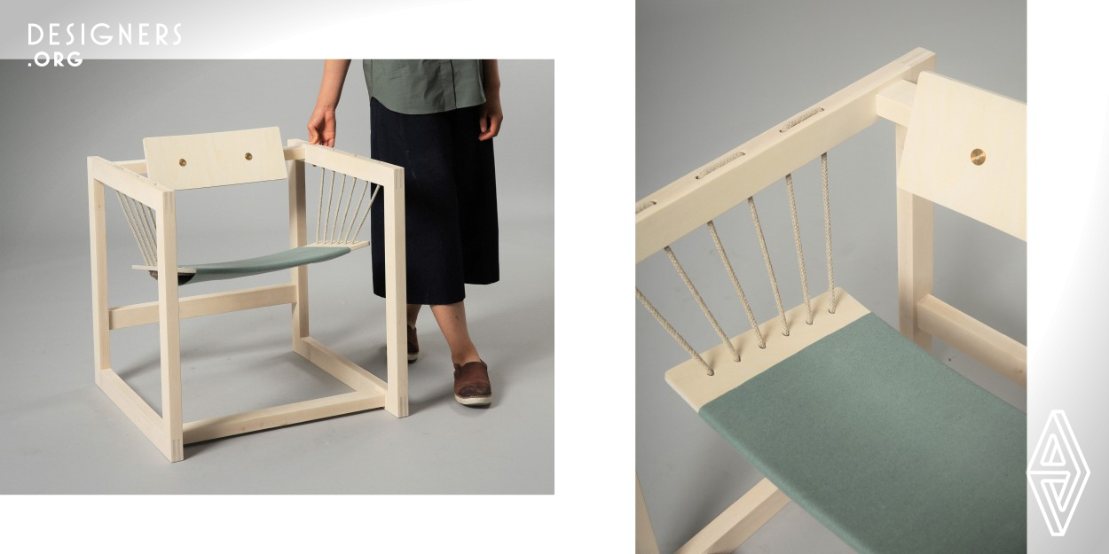 Inspired by the swing, this chair could respond to the user's body movements and create a dynamic interaction with the users. Similar to a swing, it is for users to relax and play. The seat and backrest are flexible and adjustable in a way that they are able to follow users' preferred sitting positions and their movements while sitting. The chair also has a minimal structure: the seat and backrest are supported by a simple wood frame (61x61x61cm), allowing the seat to float and the chair to be lightweight.