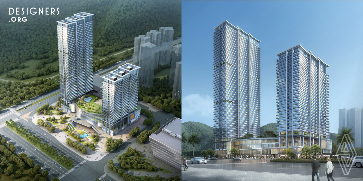 The project is a mixed-use development located in the main cultural district of Zhuhai, nestled between the mountains and the sea. The 3-segmented tower volumes are designed to appear faceted in elevation which help to visually reduce the building's scale while emphasizing its vertical form. The two towers are strategically positioned to maximize the perimeter views towards both the mountain and the cityscapes. It also respects and minimizes the shadowing impact to the surrounding infrastructure.