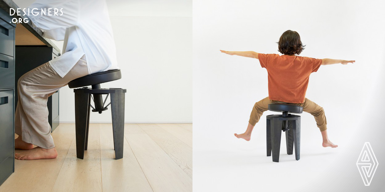 Most conventional chairs are designed based on the idea that sitting is a static state, even though the human body is designed to move. Swing Ao has a tension structure that allows the seat to move freely in conjunction with the movement of the sitter's pelvis. This promotes a feeling of floating and the movement of the pelvis, spine, and surrounding muscles, activating the body's functions just like playing on a small swing. Additionally, it can be used as a stationary stool with an 8-degree angled seat surface to maintain a healthy posture with an elongated spine.