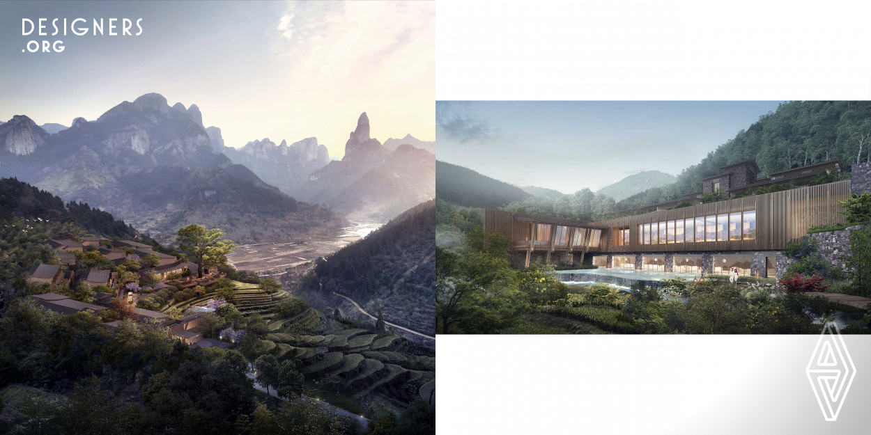 The plot of this project has prominent landscape resource advantages. The design aims to make flexible use of the complex terrain of the original site, based on the architectural forms and elements of traditional mountain villages, combined with modern technology and materials, to create a wild, simple and quiet atmosphere of the park. The architectural style of the design is intended to show the collision and integration of traditional landscape and modern elements. The guest room of Villa takes the original local ecological village as its theme, trees and winding paths.