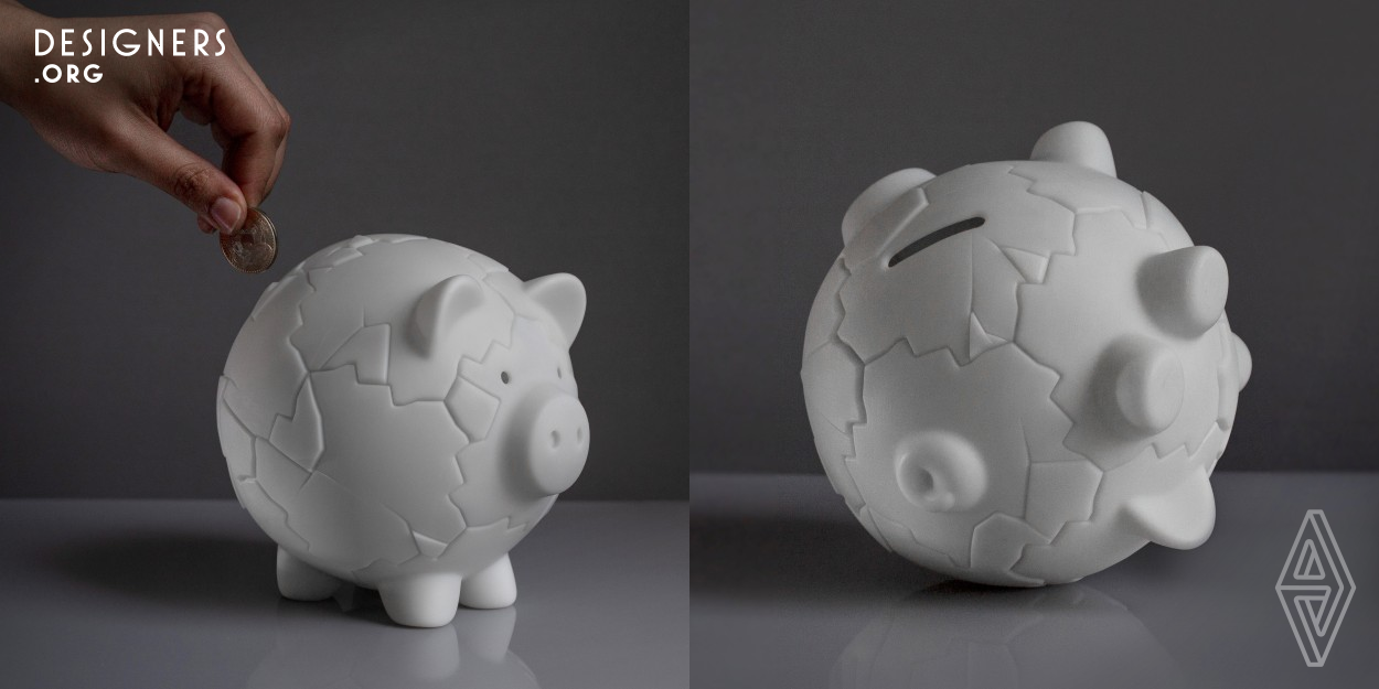 Coin container that takes inspiration from the symbolic image of a broken piggy bank, commonly used as the representation of a financial crisis.  It promotes an enjoyable way to access the loose change: It can be smashed into pieces by throwing onto the floor or hitting it with a hammer, or it can be assembled and disassembled piece-by-piece. There are 95.040 ways of putting it together while retaining its aesthetic essence and functionality.

Penny also pretends to be a symbol of resilience, a representation of how life, although broken, can be rebuilt even after the effects of a hard fall.