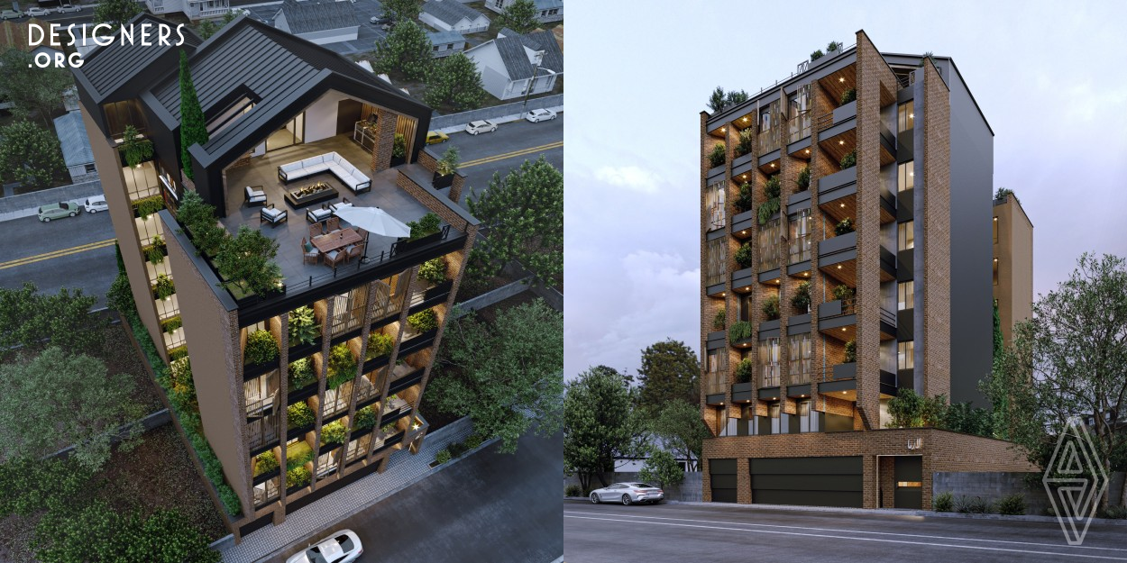 The Larma apartment project is designed in 6 floors and 12 units. It is located in the north of Iran, Mazandaran. Due to the climatic conditions of Mazandaran, and rainfall in winter and autumn, a gable roof is used, which is a model of old and native architecture. The architecture of this building is inspired by Iranian and also local architecture. Using bricks, as a symbol of local architecture, is one of the main ideas of this project. To respect the environment, shrubs and green plants in the face of the apartment that symbolizes the forests of Mazandaran are used.