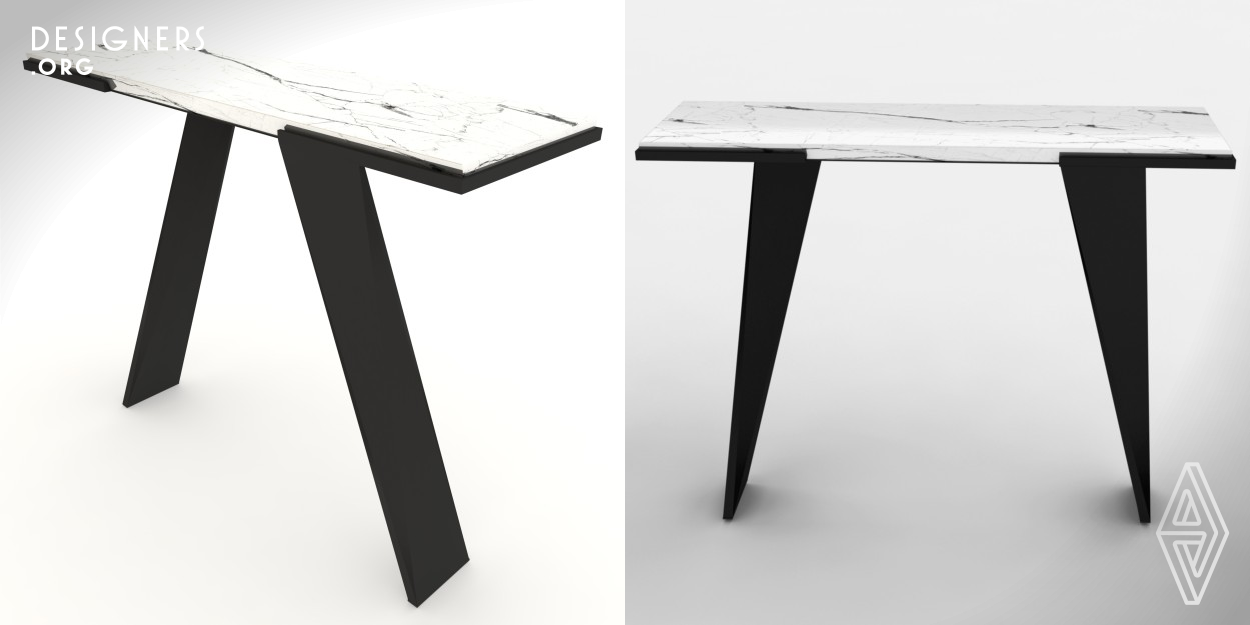 Twist is a stylish console table with a chamfered top and two twisted legs. The tabletop and twisted legs can be in various material combinations. The two twisted legs start at the center and end at the two opposite sides of the top, forming the supporting frame of the tabletop. A metal frame with cut-outs and a supporting structure under the tabletop provides strength, continuity and connects the twisted legs. The sides of the tabletop material are chamfered to make it elegant. Unlike other console tables with four legs, two twisted legs give Twist a sculptural look.