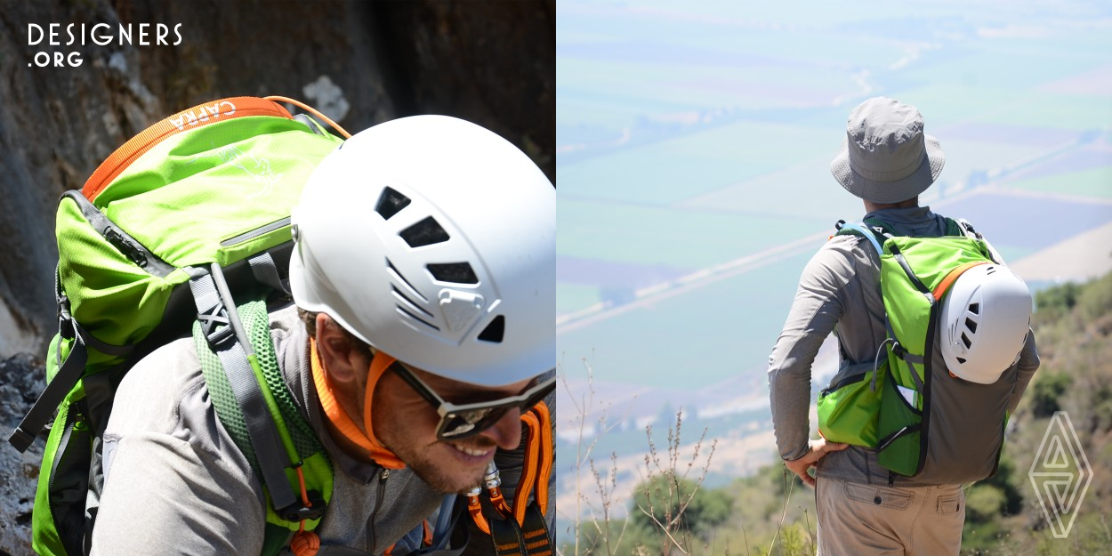 Capra combines a backpack with safety equipment for a hiker in Via Ferrata routes. These routes invite people for a mountaineering experience of hiking and secure climbing integrated into breathtaking paths. The concept is to merge the harness, helmet, and energy absorber into the backpack, thus allowing the traveler a quick and comfortable transition from walking mode to secure mode within less than a minute, without removing the backpack or even bending down. by the simplicity of use lies Capra's power of saving lives.