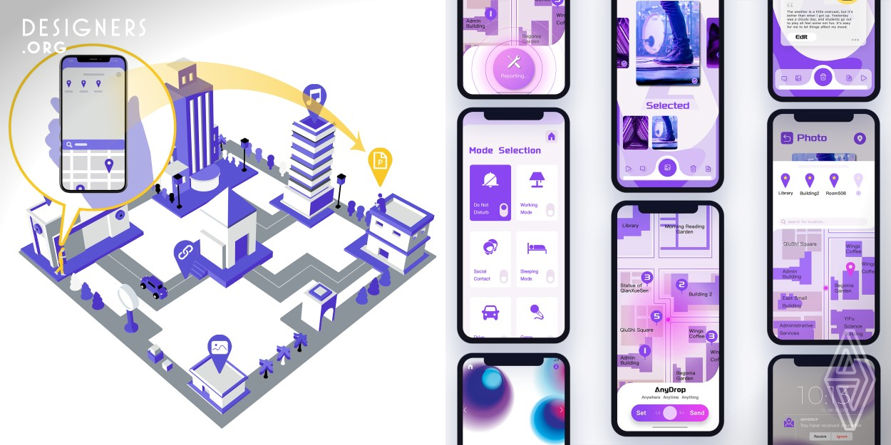 Using geofencing, Anydrop changes the way people share information by encapsulating information within a fixed geographical space and other devices have access to the information only when they enter the area. In this way, Anydrop furthest integrates information with its scene, like files in the conference room or the timetable in the railway station. Meanwhile, users are able to interact with actual items through Anydrop, enriching user experience. 