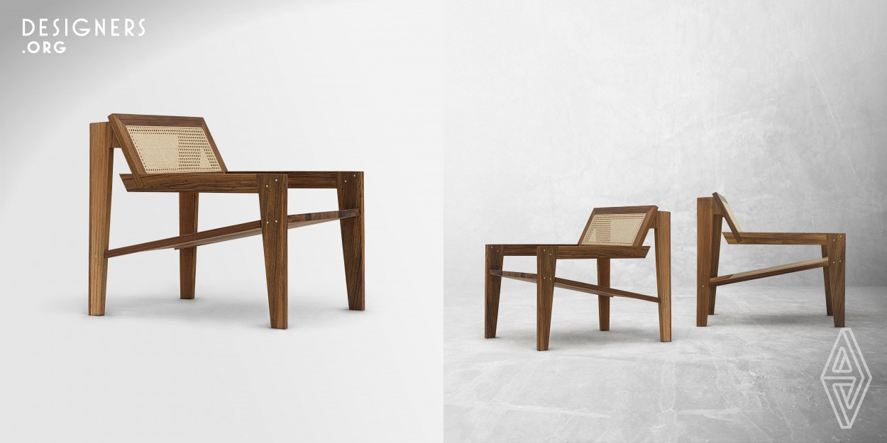 Brazilian Modernism and Tropicalismo in a geometric body. With straight lines and congruous construction, Modello 09 holds a suspension design that creates an illusionary loop connecting seat, legs, back and arms in a distinctive manner. Built in solid Burmese hardwood teak, brass and cane webbing, the manufacturing process uniquely embraces marks and bruises as badges of honor of natural materials.
