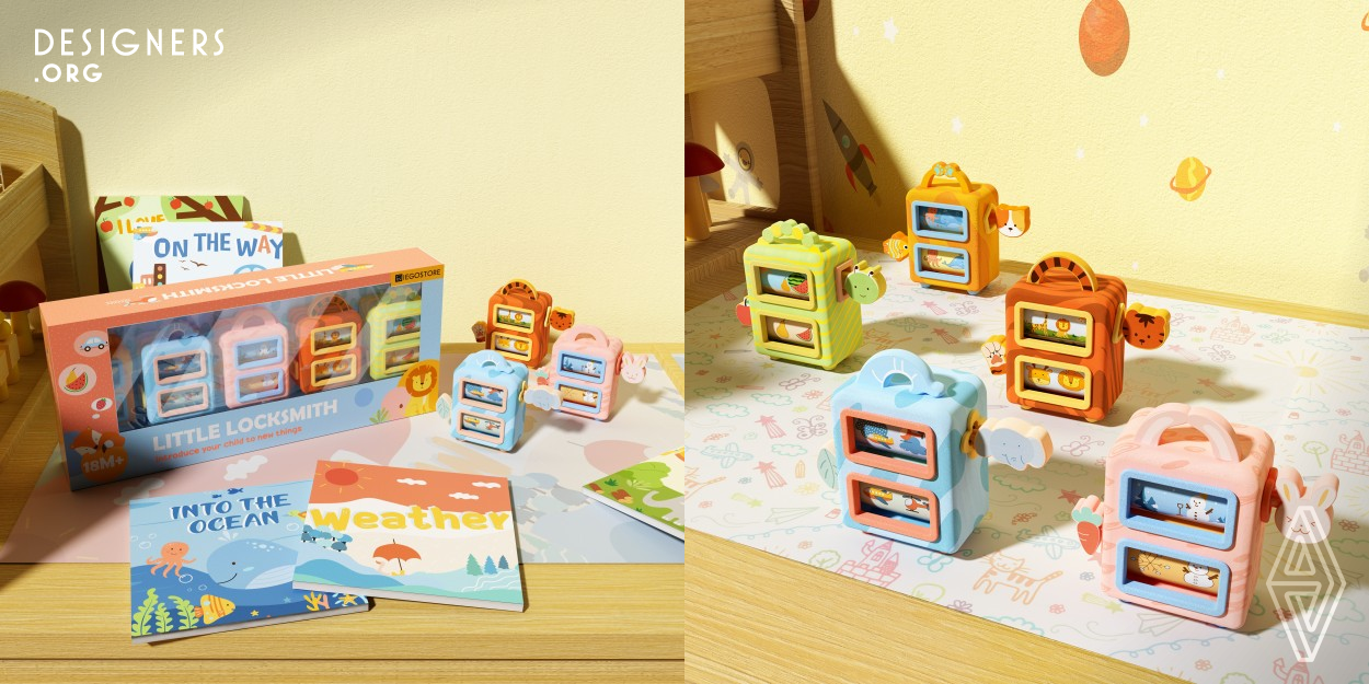 The wooden educational toy with the combination of five sets of key and lock about different themes. It provides interactive fun, meeting the requirements of multiple cognitive training, developing and cultivating their imagination and manipulative ability. Combining cognition training and storytelling, the body has two windows to be opened: the top one is about the theme, and the bottom is corresponding scene. 