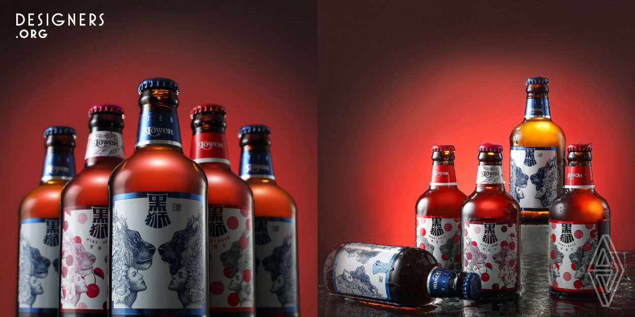 Based on the imagination of form and romance, the package design of Lowen series features its unique sense of fashion and evocative expressiveness. It integrates pen drawing, mezzotint art and street tattoo. Different geometrical sharps go with multiple bright colors on the bottle standing for different flavors, including raspberry, cherry and Weissbier. The packing has clear transmission of socializing and flavors, which can help build close connections with target consumers.
