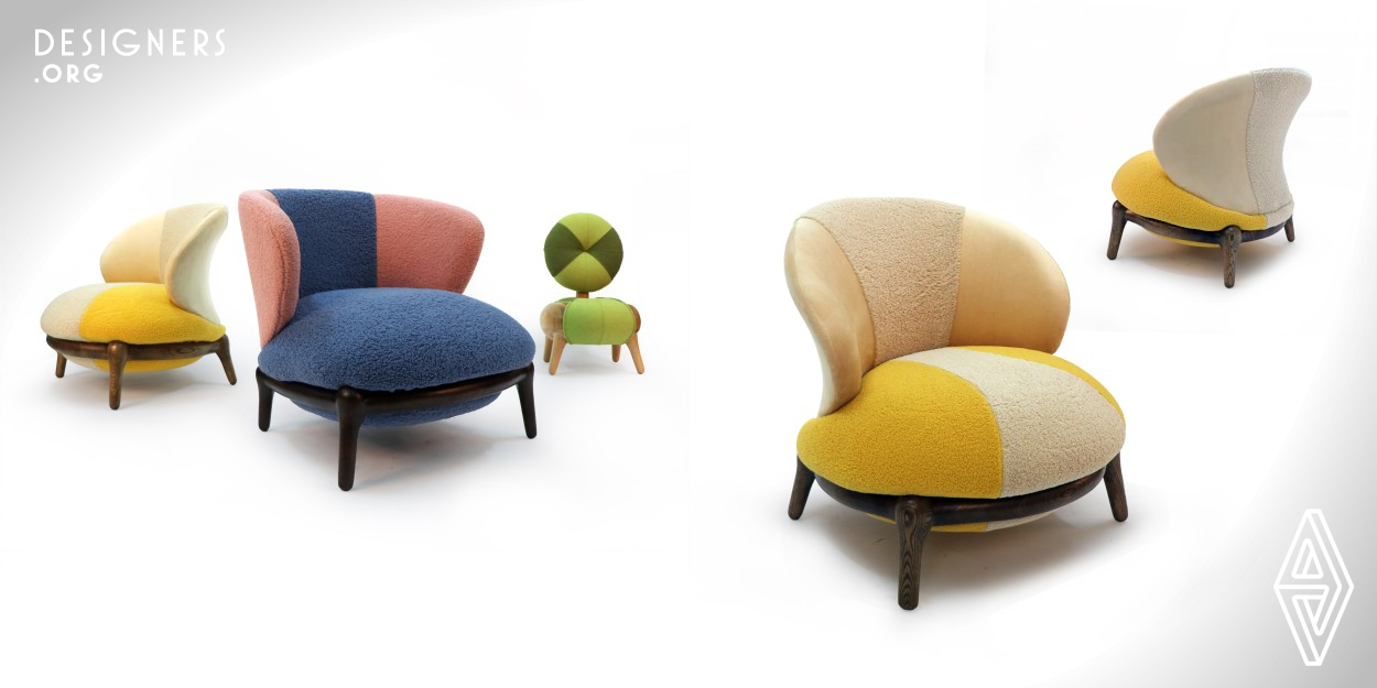 This series of lounge chairs designed with candies as the origin inspiration. Overall appearance is lively and the color is playful in total. The overall shape is similar to the shape of candies, and combined with the support structure of home seats to form a lively and flexible seat form. And this process adopts wood production, manual sewing, sponge filling and other processes, The geometric wood frame, combined with soft sponge, cloth cushion and backrest, makes the shape mellow.