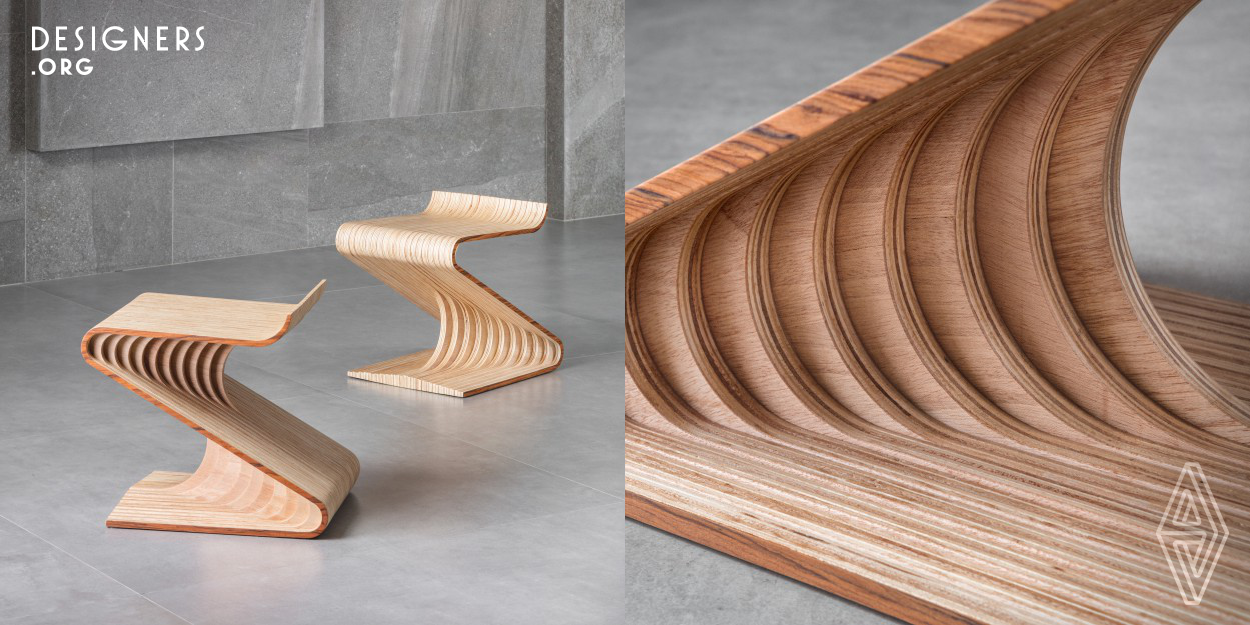 Inspired by the DC 3 aircraft, the stool's concept refers to the aerodynamic lines of the monoplane. Using boards of plywood through a precision cutting process that reveals the different lines of each layer, the DC 3 stool has a structural support that becomes a pleasant visual detail. The stool with a sculptural design finds in the apparent edges a way to highlight its lines. There are many ways to interact with the piece. Some might have it as a sculpture ou decoration piece, some might use it as a side table or foot rest or even for its orginal purpose: as a stool. 