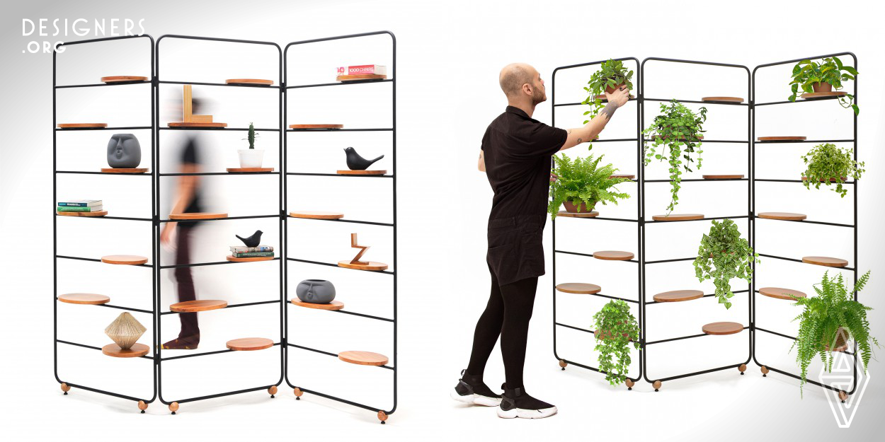Shelving folding screen, which can be used as a dividing screen, bookshelf and mobile vertical garden. The piece was motivated by two factors: the first was to honor designer's great mentor, and the second was to create a piece of furniture that could provide users with various options together with connecting people and nature, a pungent trend during pandemic times. This piece covers almost every audience. This piece is versatile, carries a strong personality and its functionality is dictated by the way the piece is laid out in the room. 
