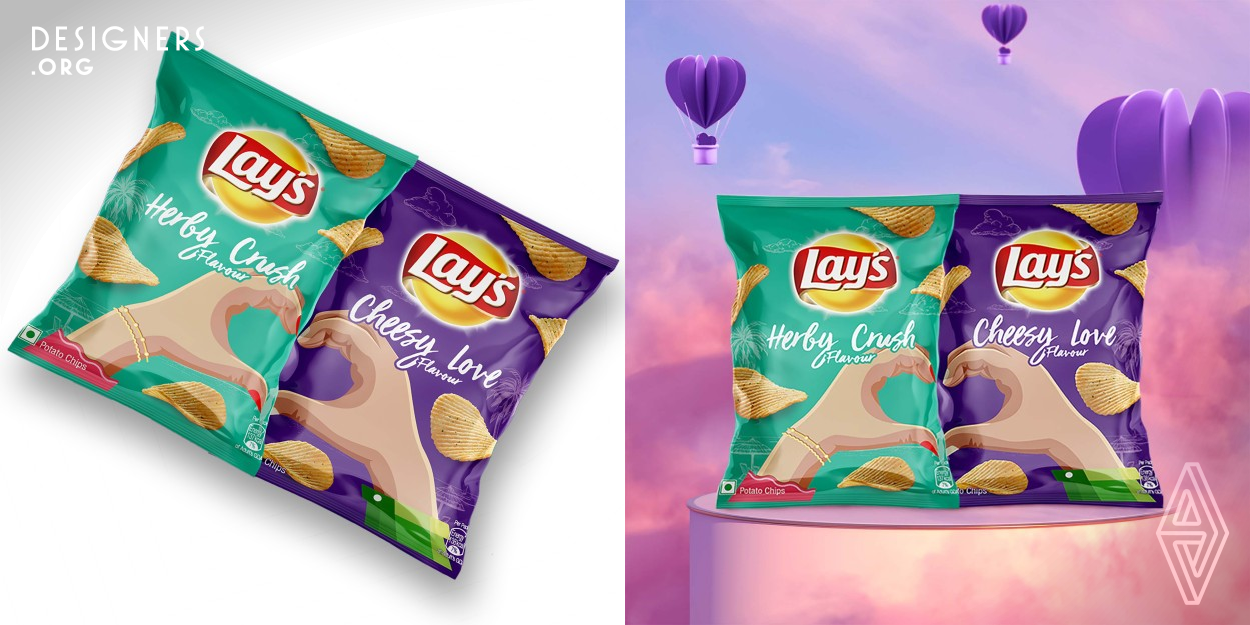 What better way to express love and celebrate moments than with flavorful accompaniments? In India, Lay's introduced two new exciting, limited edition flavors, Lay's Herby Crush and Lay's Cheesy Love, in the run up to Valentine's Day 2021 to make the celebrations an "affair to remember". The colorful packs were designed to be flavor forward, donning a bold script in the center of the bag. 