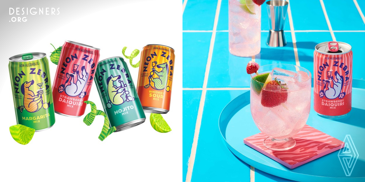 Each can and drink package features a unique mixed drink recipe, called the Neon Zebra equation. It's the playful way we explain to our consumers how to make the perfect mixed drink with our product. Each can makes two cocktails, perfectly portioned to share. The garnish images we feature alongside Neon Zebra are simple and easy: a lime slice and some mint add depth. In bold 2D graphics or fun 3D forms, these garnishes help to bring the wild Neon Zebra world to life.