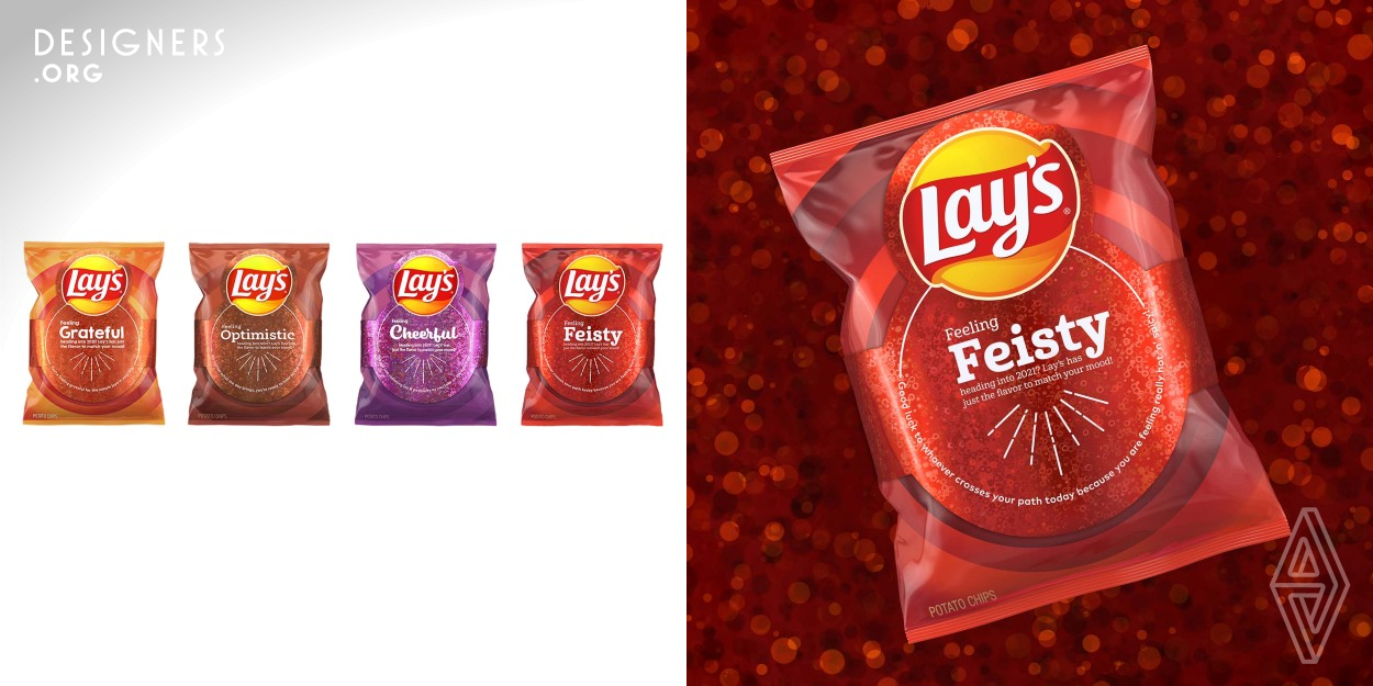 When designing their year end limited edition packaging for an exclusive social media giveaway, Lay's decided to create four mood ring inspired designs, linked to positive memories and emotions in hopes of invigorating a sense of energy or inducing a sense of comfort among Lay's fans. With that in mind, Lay's 2021 Mood Match focused on flavors that would inspire gratitude (Grilled Cheese and Tomato Soup), optimism (Cappuccino), feistiness (Chili) or cheerfulness (Salted Caramel).