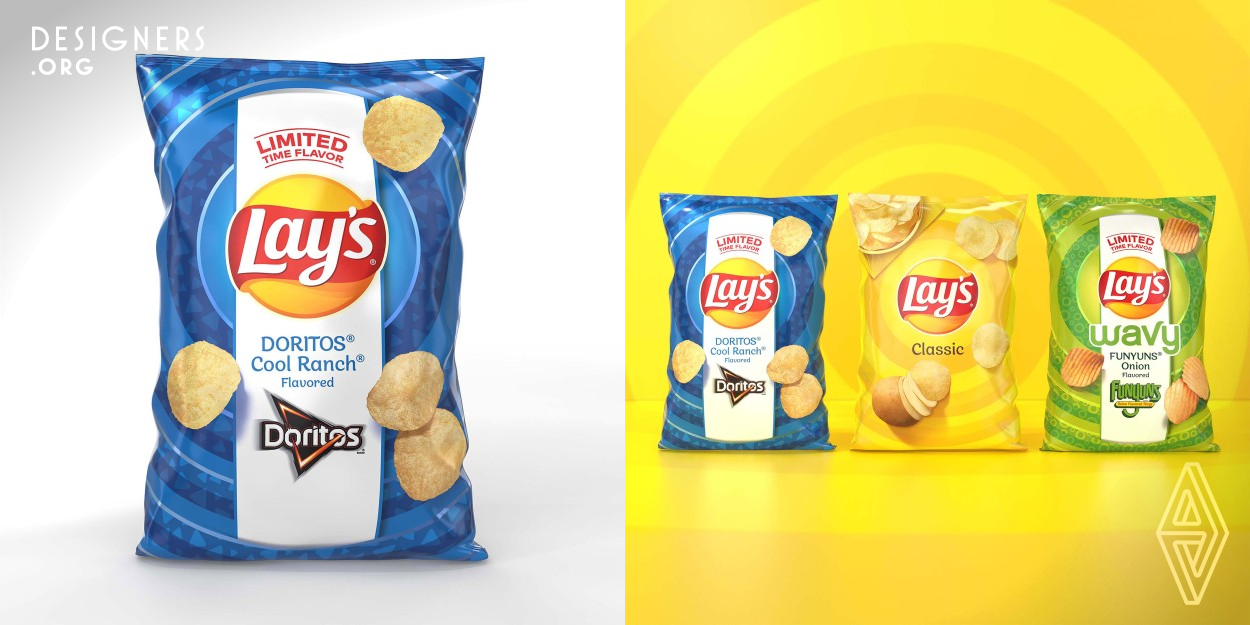 For the swap, the Design Team combined the current Lay's bag design with the brand colors for each of the respective flavors: blue for Cool Ranch and green for Funyuns. The pattern in the concentric rings call back to the shapes of the original chips, highlighting the collaborative aspect between the brands. The team also created a collective influencer kit that was delivered to media personalities to start discussions and build buzz for the program. 