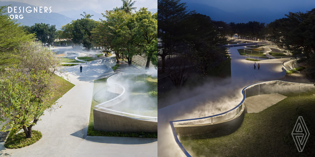 The site for Nanhua Glimmer locates in Pingtung, Taiwan. The school campus has transformed into the landscape park for the community and the elderly. The campus celebrates the regional nature features and translates them into geometric forms. The selected variety of plants within the campus presents an ecological education opportunity for the public. The mist and glimmer resemble the collective memory of the locals at nights, creating radiances around the street lights afar. The recreated misty scene brings up the visual memories of gazing afar towards the mountain covered in mist and clouds.