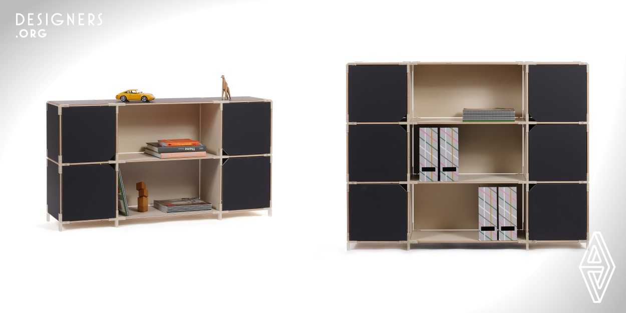 BoBoX is a modular lightweight storage system adapted to the needs of the flexible and dynamic urban lifestyle. The system provides easy and reliable assembly of storage furniture with any number of modules in length and height. Innovative multifunctional connecting elements secure the joints and ensure the possibility of mounting a door or back panel at each box. Doors and back panels can be installed and removed at any time using the connectors and joining elements without the need to dismantle the entire structure. The assembly and disassembly of the BoBoX modular system is tool-free.