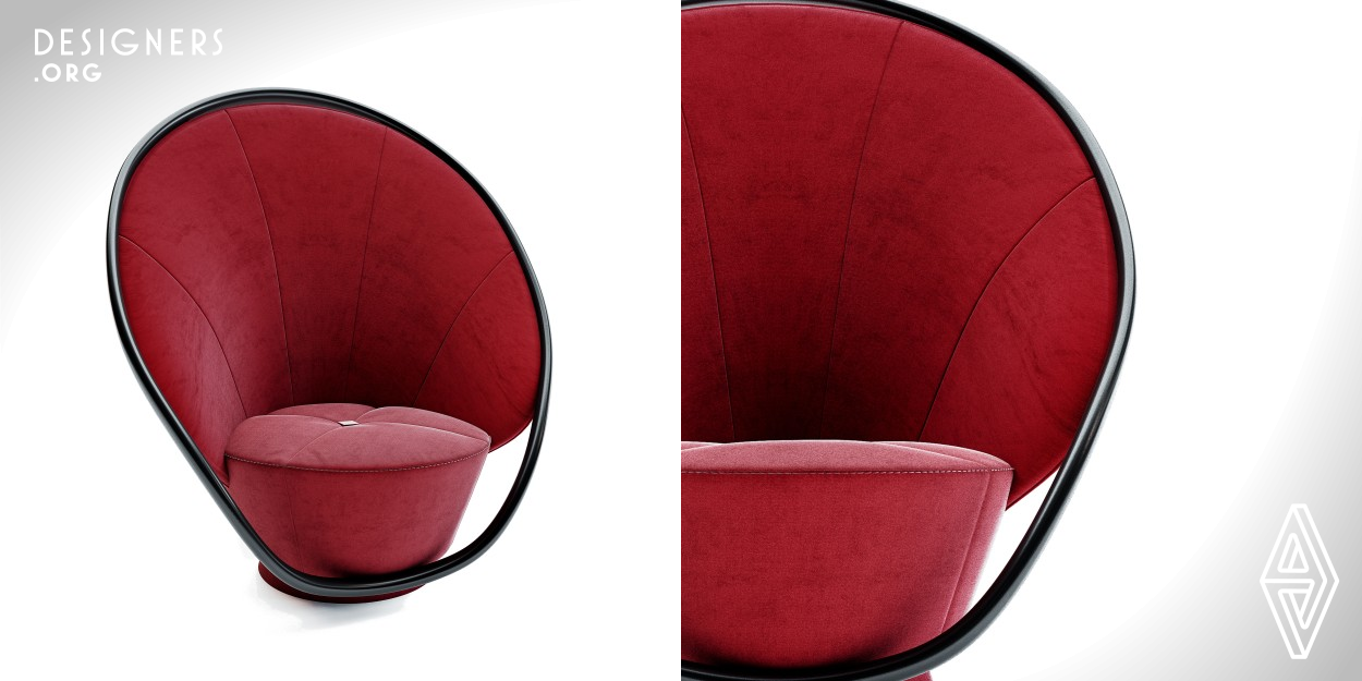 The crown shell is a single sofa that, in addition to good appearance, also has a sense of harmony and comfort.The essence is created from its shape. Values users' emotions.Inspired by oysters and crowns with the symbol of power used is anodized metal with a black circle and crimson velvet, which makes it a unique product due to its shape. Shows the most design features in its integrity, stitching, texture and color are created and the rotating form is one of the decorative elements of the crown shell, which maintains the geometry of the oyster in the form of strength and immortality.