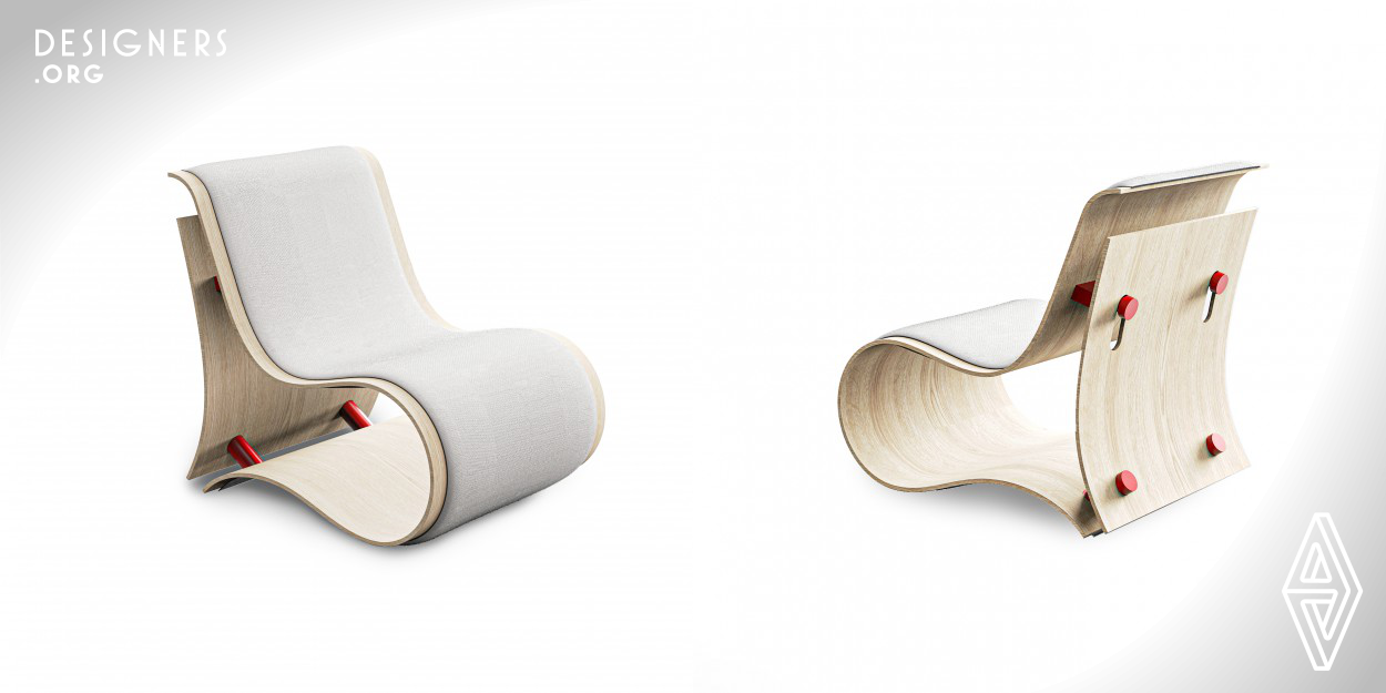 This armchair is inspired by the sinuous and light lines of nature, mainly of a leaf. The design is simple but effective and thanks to the production technology of the curved plywood and the specific shape, the armchair will be able to flex slightly according to who sits and the weight of the person. In the upper part there is a comfortable shelf for magazines or books or any other items within reach during a small rest on the leaf armchair.
