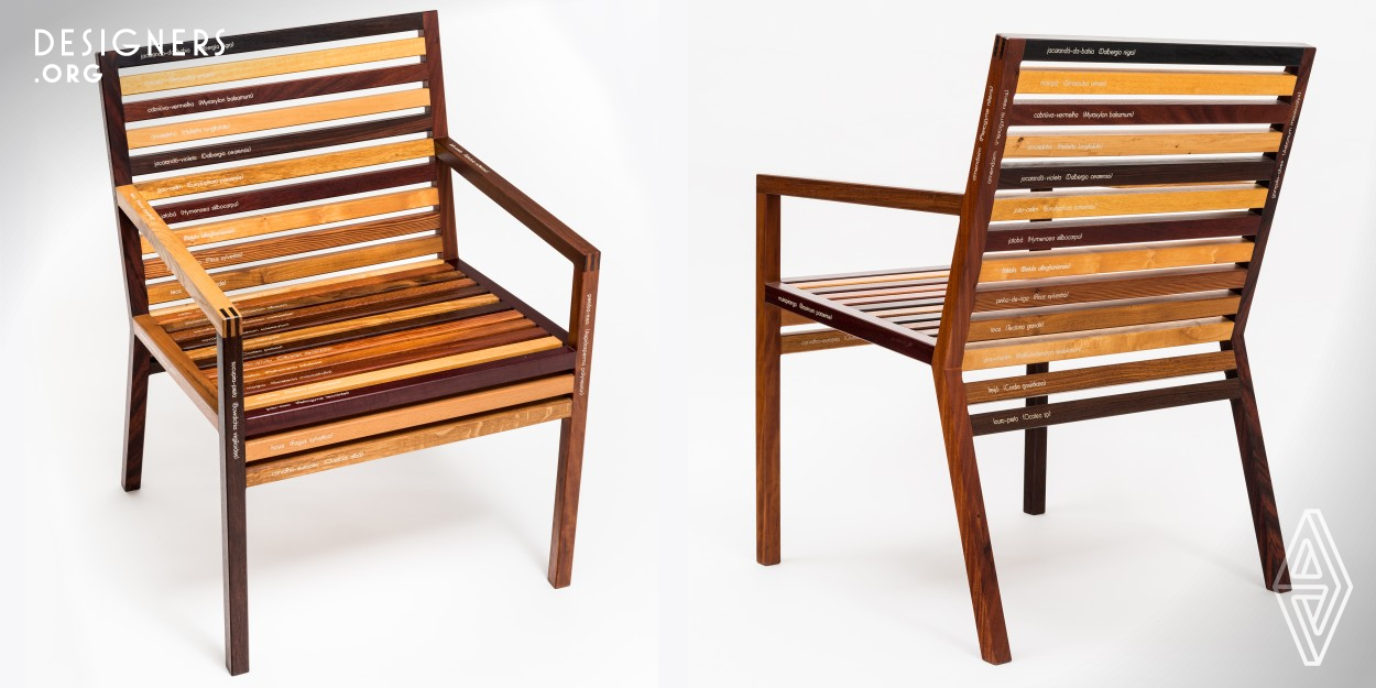 This piece of furniture is more than a chair, it's also a collection of samples of 34 wooden species, from Brazil and all over the world; it's a chair one can learn about the diversity of this natural resource. The chair itself answers a question that the designer has been frequently asked in the last 35 years: Which wood is this? It's a comfortable chair that same people just sit down and some people read the names and start a conversation about wood.