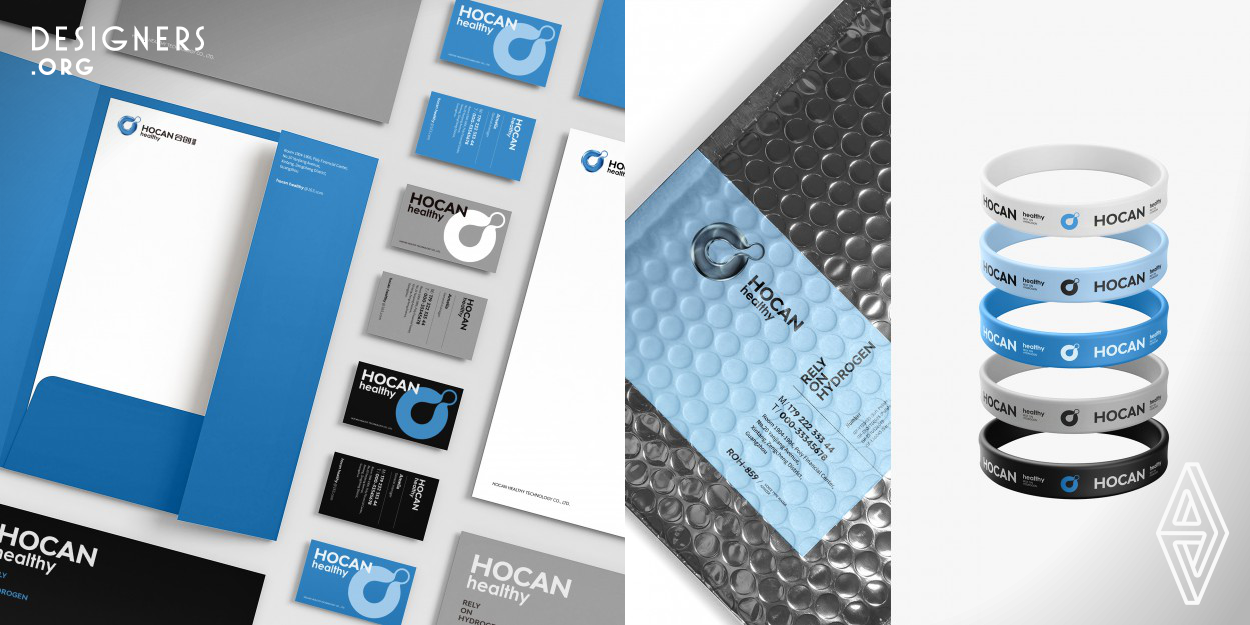 Hocan healthy mainly develops intelligent technology products around hydrogen health care. In the design of the logo, showing the change process between water and hydrogen in the form of positive and negative shapes, and skillfully expressing the industrial features of the brand. The logo can continuously switch between two-dimensional and three-dimensional in terms of changes in different materials and processes, but it always remains recognizable. Its flexible three-dimensional shape is full of vitality and possibility.
