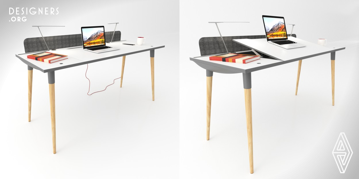 Link is a multifunctional desk that aims to create an ergonomic and orderly working environment in home offices, when users connect to work and to the world. Link has a curved shell design for three storage spaces beneath its working surface. The middle part of the desk is designed with an adjustable angle for users to control the laptop height. Link has two adjustable desk lamps that can be used as studio lighting in video conferences or online meetings. It also has integrated Bluetooth speakers for better sound experience when working online, watching videos and listening to music at home.