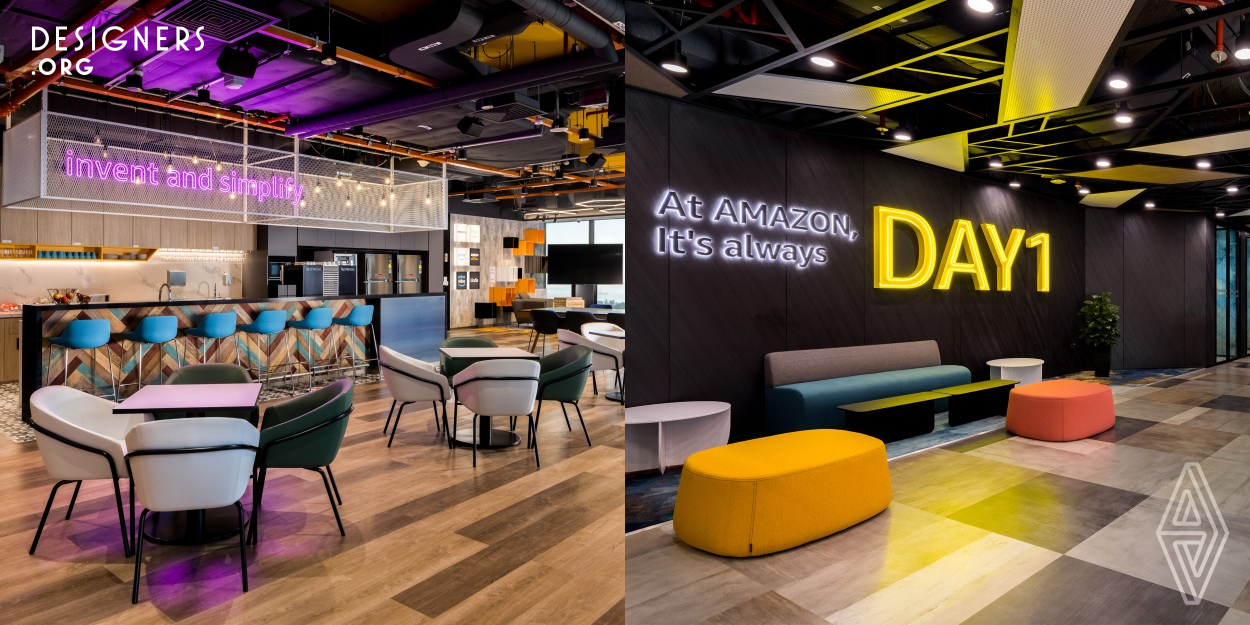 With their growing footprint in Asia, global tech-giant Amazon scales up their presence in Singapore through a new office spanning three floors at Asia Square. The new office boasts of fifty collaboration spots, five large meeting rooms, and recreational spaces strategically scattered across the large floorplate. To foster engagement and advocate their brand culture, bespoke environmental graphics are reflected on wall spaces, creating an immense sense of identity.