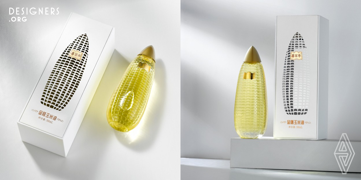 Inspired by corn, the bottle is designed into a corn shape with a bionic effect. The corn grains are finely carved and rich in grades. The outer box is simple and majestic, the corn grain shape is hollowed out on the front, exposing the golden oil of the bottle, with rich levels. The side is expressed in the form of hot embossing, with a rich feel. The box is designed as a display box type, with display effects after opening. Materials used are special paper to reduce the printing process.