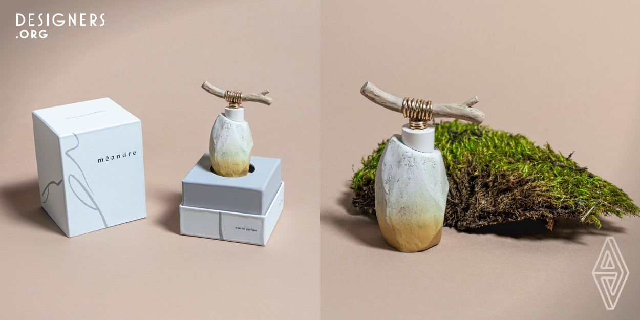 Meandre means curves of the river in French. The packaging design created for a fragrance is meant to give customers an immersive experience of wandering in the forest with meandering footprints. Natural elements reflect in the container bottle design details, including the characteristics of stone material. The cap is designed to represent the image of the natural shape with branch bending. The color family demonstrates a sense of natural elegance in the packaging system.