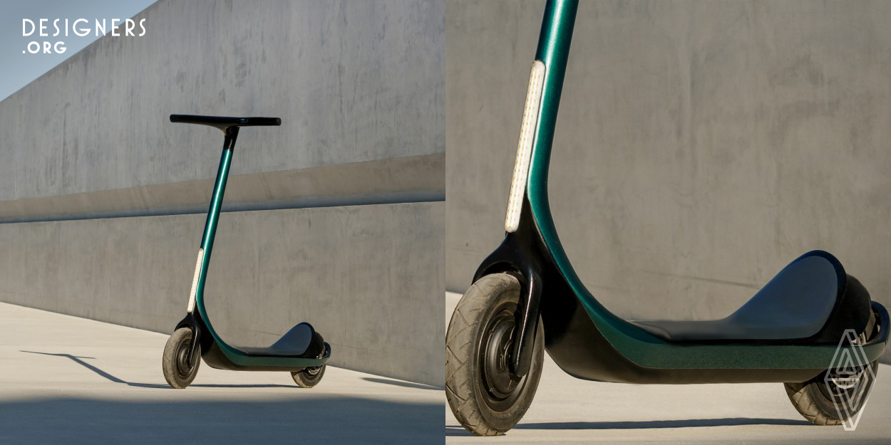 Scotsman is the world's first fully connected, all carbon fiber scooter. Most existing scooters suffer multiple trade offs: power comes at the cost of bulk, while easy portability often correlates with weak power and short range. Scotsman is designed to overcome such compromises. The frame is 3D printed in a single pass from thermoplastic carbon fiber composite, a proprietary recipe that results in a strong yet lightweight and aesthetically pleasing structure. Complete with smart features, Scotsman represents a new category leader for premium, stylish, and eco-friendly transportation.