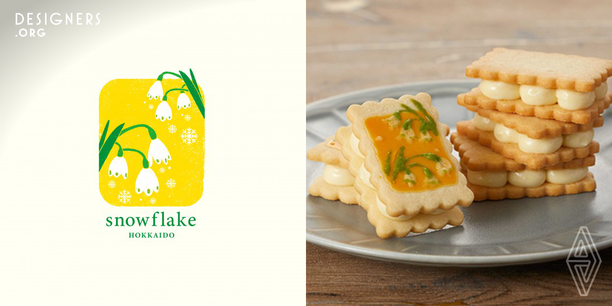 As the name implies, the logo is based on a snowflake flower, and the color is yellow, which means bright and happy. A new brand of confectionery flour made from 100 percent Hokkaido wheat. This product is targeted at patisseries that are particular about their ingredients. Since this is the successor to a product called Melty snow, designers were asked to create a logo with a familiar name, an appeal to the fact that it is made in Hokkaido, and a symbolic cuteness.