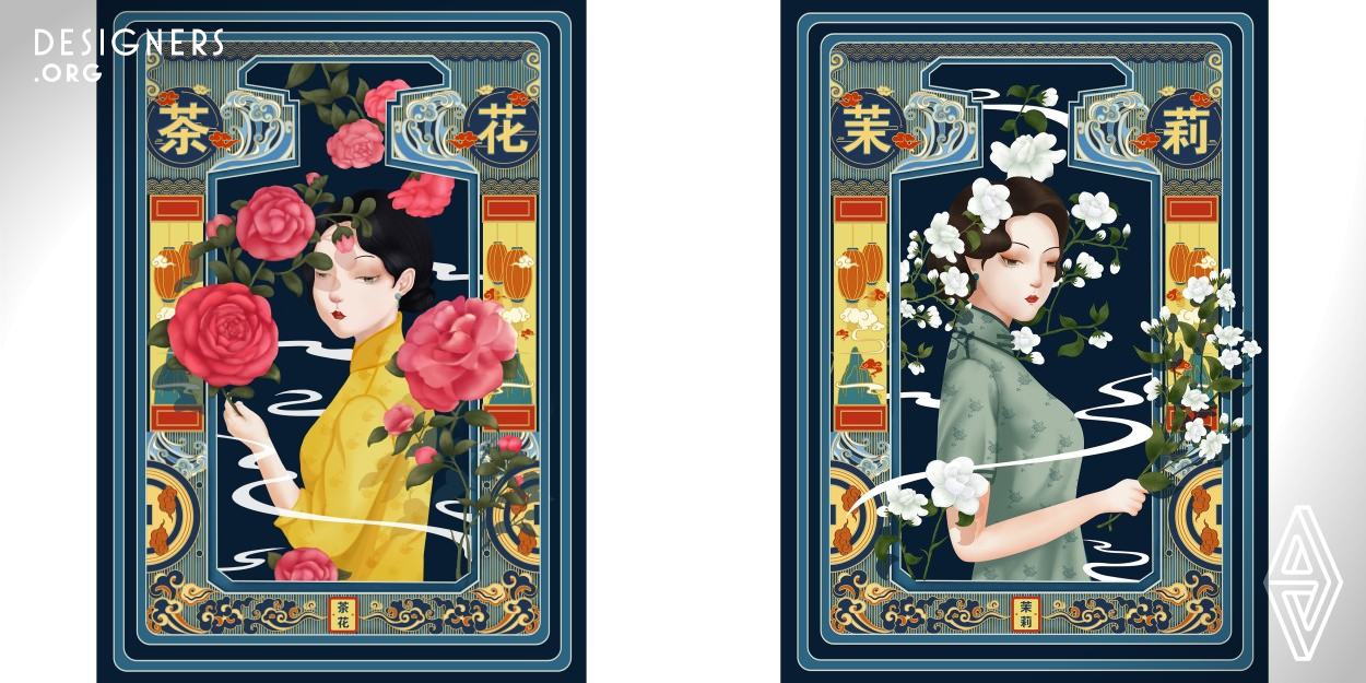 The flower fairy series of illustrations personify the flowers in the image of a traditional Chinese cheongsam woman. After studying the characters represented by different flowers, a series of flower personification images are drawn. The work simulates the shape of the ancients in the window in the form of a frame, creating an appropriate sense of space in the picture. The decorative patterns on both sides are the extraction of traditional Chinese patterns. Combining traditional culture with modern design can make people better understand the artistic beauty of traditional Chinese culture.