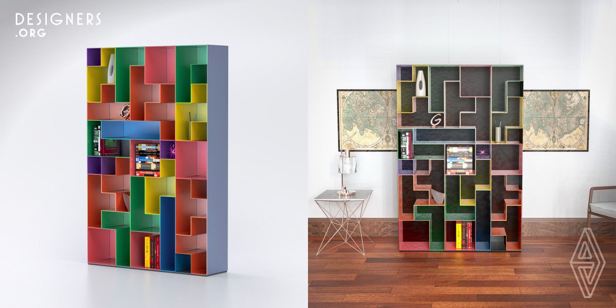 Inspired by the shape of Tetris. The shape and compound mode provides a free appearance. Using this semantics, freedom is its biggest feature. This is a bookcase design composed of several modules. The bookcase can hold different small boxes. Users can make their own bookcase with different shapes and color blocks based on tetris features. At the same time, each small module can also be used individually as a small glove compartment. Users can design patterns according to their own preferences.