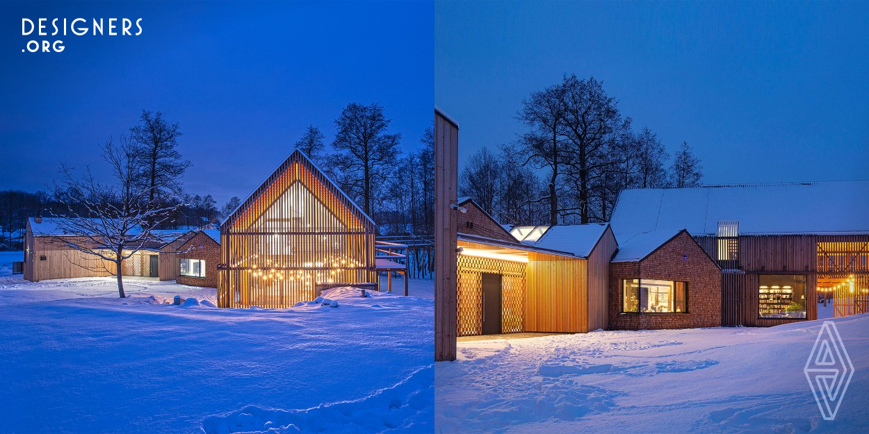 The Farmhouse is an example of the transformation of a typical rural homestead into a residential mansion. In the place of five existing farm buildings scheduled for demolition, the project team proposed five contemporary farm buildings. The newly designed forms have a shape, which results from the reference to the existing farm layout, terrain, view axes, functional needs, division into residential zones and location of trees.