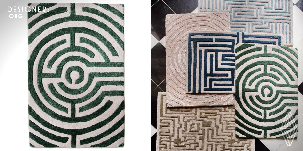 The Labyrinth Collection area rugs bring the mythical tradition of mazes to a luxury, decorative design element. The hand-tufted rugs translate the traditional hedge maze into a soft, patterned design made with wool and bamboo-silk in a raised pattern that mimics hedge walls. The asymmetrical patterns preserve each maze design in a way that makes it possible to trace with your feet as you walk across this unique rug, and the five standard colorways are inspired by timeless natural elements, including Boxwood green and Peony pink.