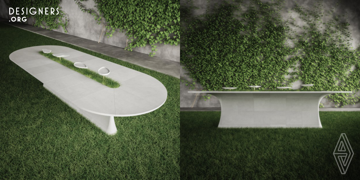 Bilico is a modular garden table that owes its name to the structure composed of modules which, ending in a single support stand, make the table visibly unstable. Thanks to its modularity, it is possible compose tables from the smallest circular shape one, with two opposite heads, to the ideal infinity using central modules. The table, made of Pietra di Trani (a typical stone marble from Trani area), is completed by the central tub, led light equipped, where the accessories (trays, flower stands, lamps, cutlery trays, cutting boards, etc.) are housed. 