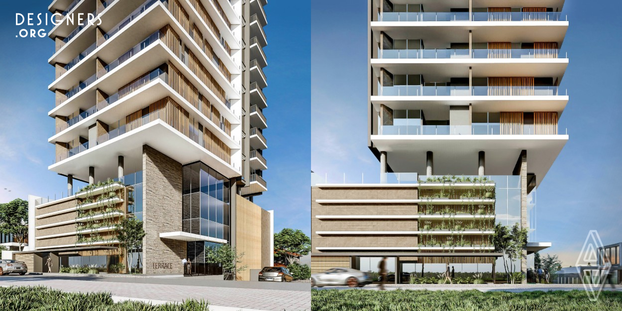 Terrace, was designed with the premise that all its residential units have a terrace facing the sea! Challenging project from the conception of its reinforced concrete structure to the sliding panels that close the apartment frames. It presents a monolithic design, which unifies the formalist identity of the project, with a strong interaction with the surroundings that will be built.