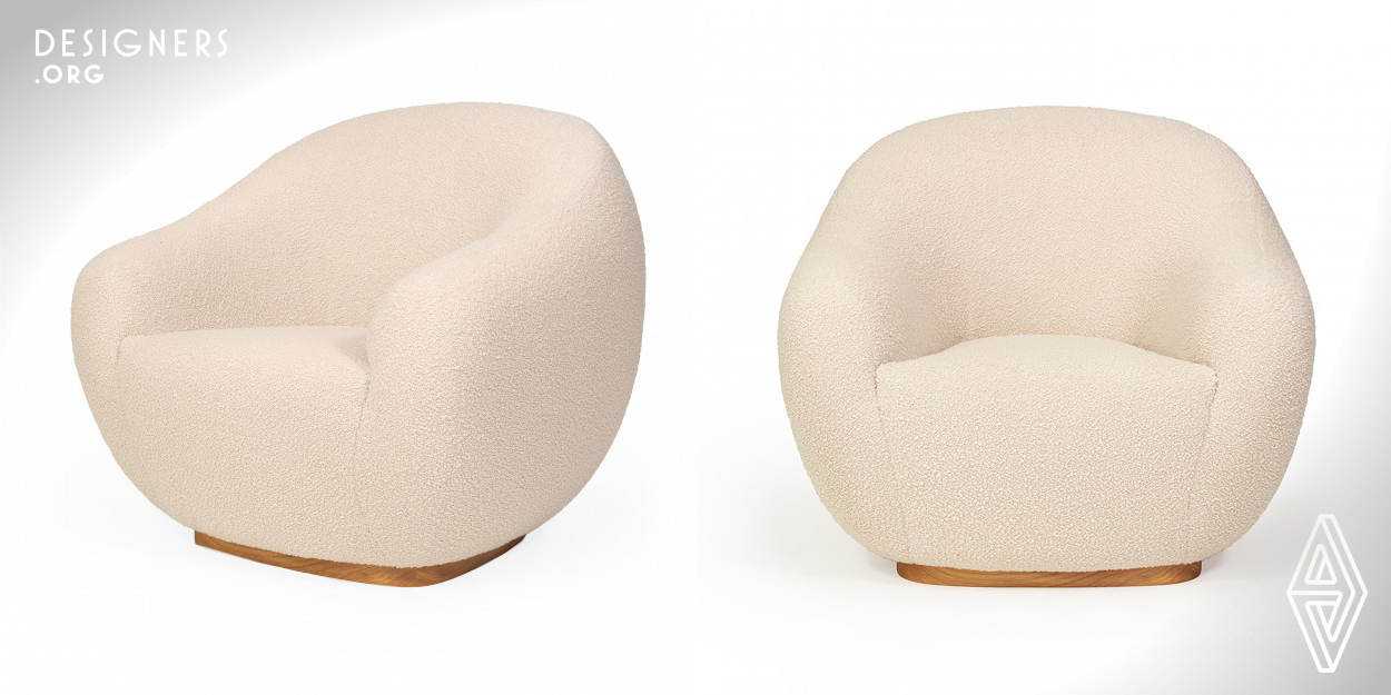 Designed by Joana Santos Barbosa, the rounded forms of the Niemeyer II armchair are influenced by the modernist House of Canoas of Oscar Niemeyer. Having a refined design with architectural details, this armchair is minimal and yet a statement piece. The upholstery work is meticulous, with seams reduced to essential, in order to reproduce the backward movement of flat roof when seen from an aerial view. Upholstered in a special woven bouclé, this welcoming armchair receives people with a gentle embrace and feels the most comfortable place in the room.
