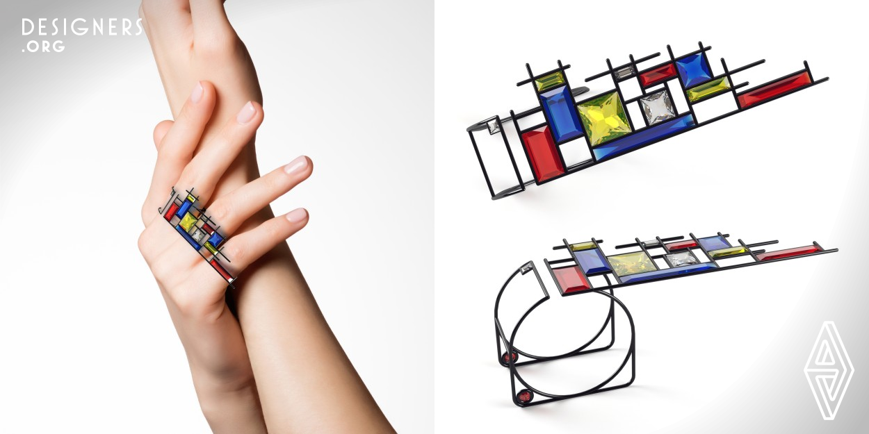 This work is a ring that has been designed in the form of modern art and based on the works of abstract painter Pete Mondrian. A ring with a ring on one finger, the middle finger, but the top plate extends up to three fingers. For this reason, thin lines are used that are not heavy. In fact, the black lines are in rectangular shapes with different sizes, and in some of these squares, yellow, red, blue and white gems are placed based on the colors of the artist's works. 