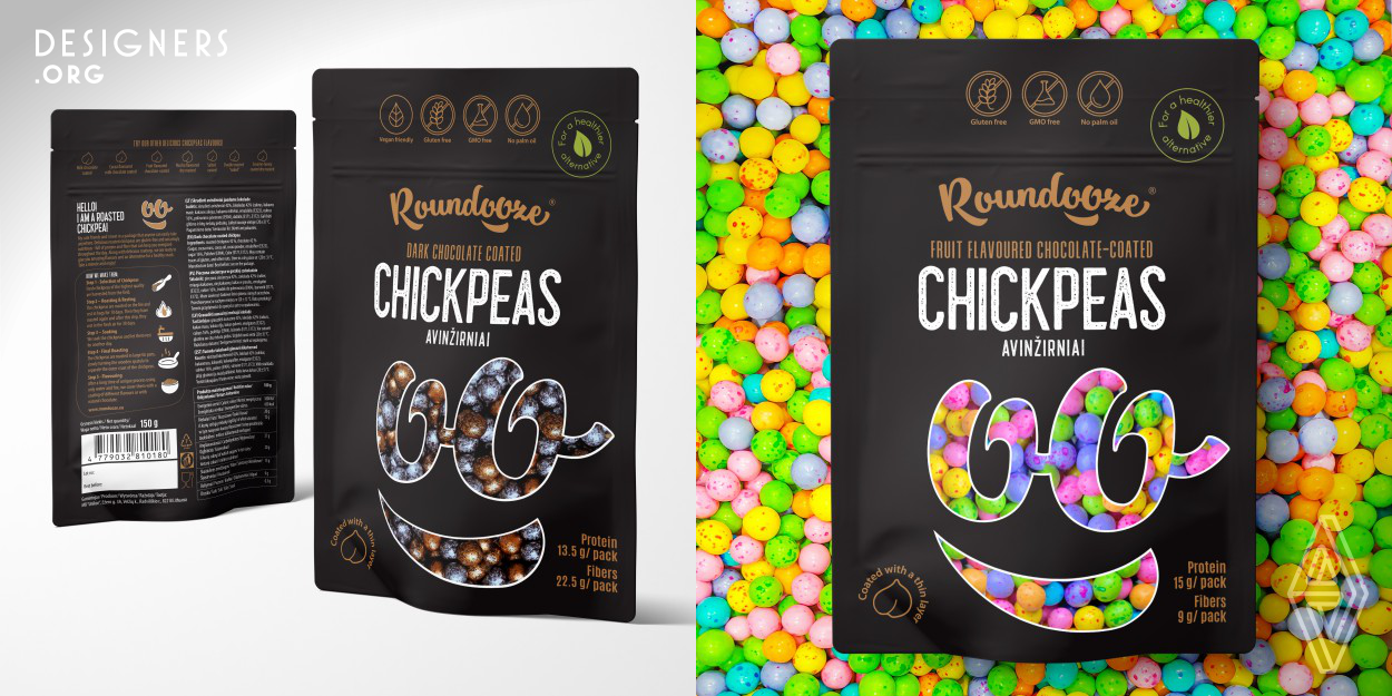 The design showcases eight roasted chickpea pouches for different flavours. The sweet chickpeas are shown on a black background, the savory ones are represented with gray. Simple fonts and minimal colours for the packaging reflect the highest quality chickpeas. A smile taken from the Roundooze logo is key to the visual style. The pouches are characterized by see through windows that are shaped like eyes and a mouth. With a cute smiley face character on the front, it is possible to see the chickpeas before buying them. This promotes a fun and playful experience.
