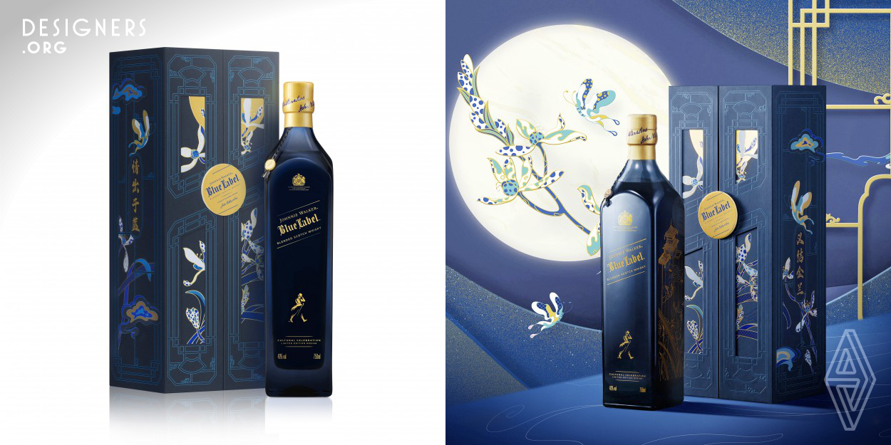 This is a Johnnie Walker Blue Label 2021 Mid-Autumn Festival Limited Edition gift. The Mid-Autumn Festival is an important festival for family reunion in China. The key words are home, reunion and emotion. The design inspiration comes from the door and window in traditional Chinese architecture. The outer packaging design adopts double-door opening box, when the door is opened, They can see the home directly, expressing reunion and emotion. When the lid opened, the picture of orchids blooming in the courtyard is also similar to the "Chinese Pingfeng".