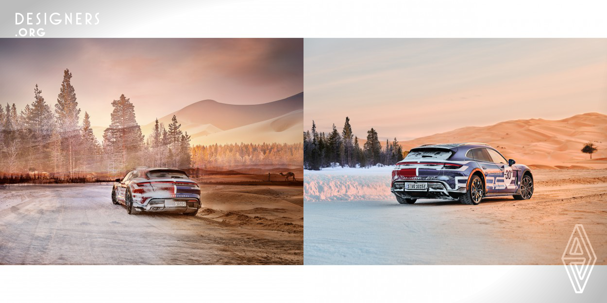 Photographer Florian W. Mueller was invited to bring together the two extremes of the northern polar region in Levi, Finland, and the Arabian desert in Liwa, UAE, with the Porsche Taycan Cross Turismo. He positioned the new, electric Porsche first on ice at -25 degrees Celsius north of the Arctic Circle and then in the same position to the camera and at a similar sun angle in the Arabian desert at +42 degrees Celsius and brought the two images together. Partial multiple exposures were added in the manner of his Multivision artworks.