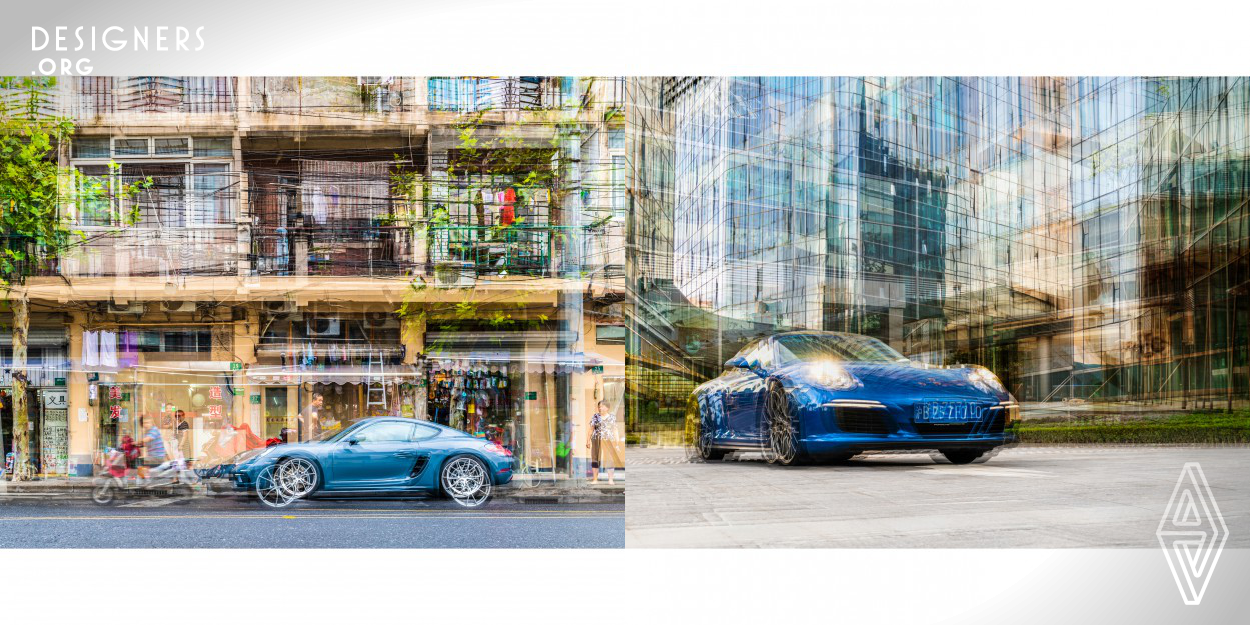 For Porsche China Florian W. Mueller shot in Shanghai and created some artwork for the Photofairs Shanghai, including iconic sportscars. Shanghai has many different faces. The old, traditional China, the influences of France in the "Former French Concession" and very modern glass and steel architecture. The photographer wanted to capture these different faces of the city in multiple exposures, always with a car in the picture. Because no matter how distorted the environment appears through the multiple exposure, you can always recognize the iconic design of the Porsche.