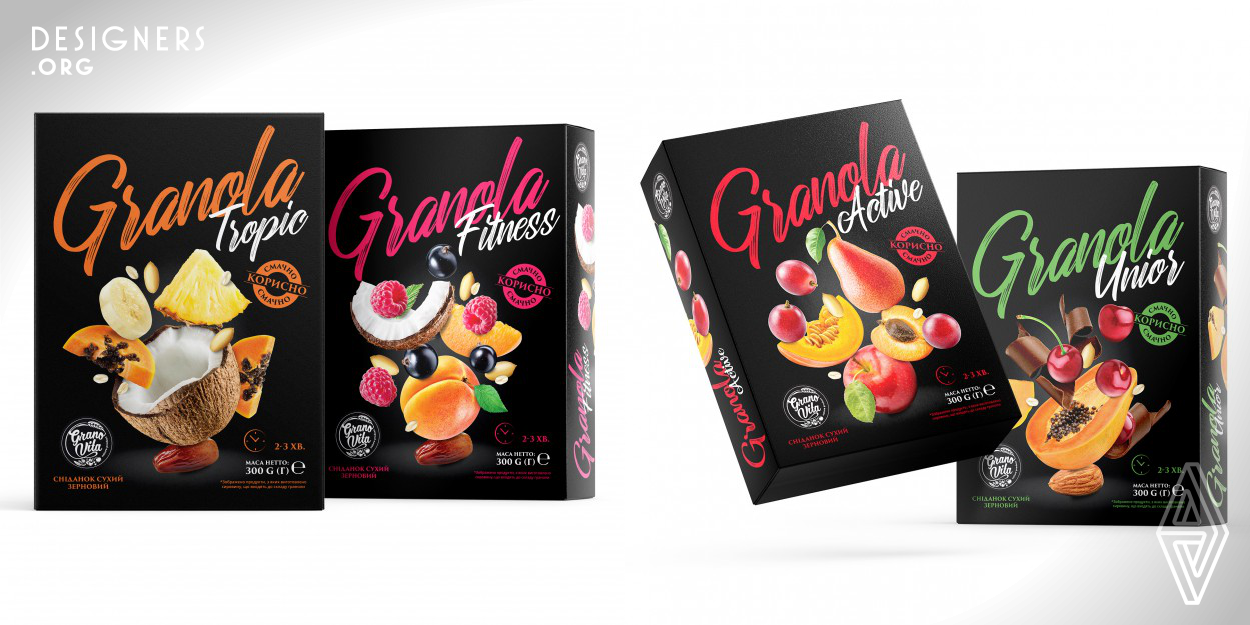 Granovita preaches a simple approach to making granola with the best tasting natural ingredients while keeping the essence of the brand no frills. Granovita's packaging design had to reflect honesty about the product and the ingredients. The design had to inspire consumer confidence in the product. By combining granola packaging with modern design, the designer has created an image that invites customers to rediscover breakfast. The new granola brand wants to bring change to the cereal market. 