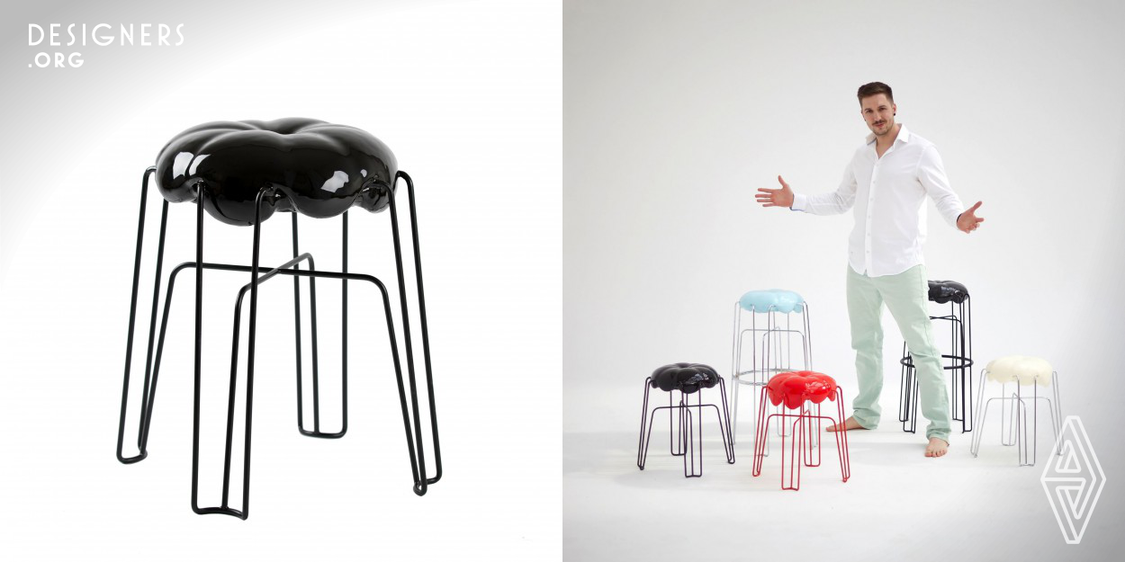 The Marshmallow stool appears flowing and growing. No conventional closed mold is used to manufacture the seat – The foam expands freely through the steel frame structure from below getting it's shape doing so. The steel frame is the formative element due to its matrix-like use. Every stool turns out unique. The surface finish is high gloss and yet the seat is soft and smooth.
