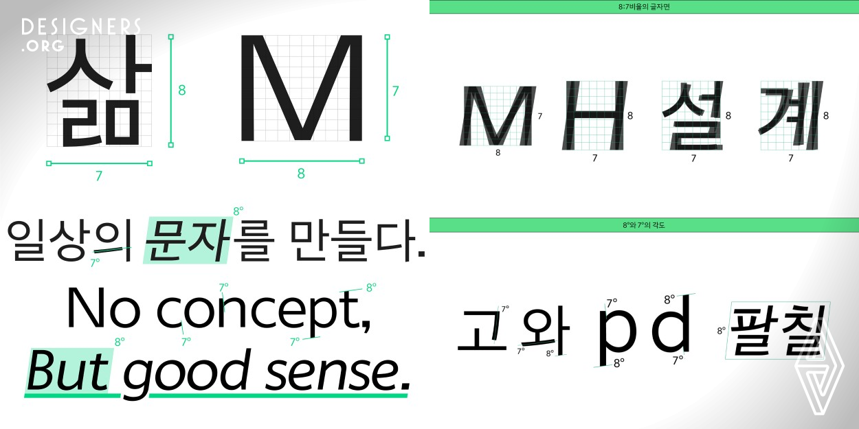 The font of 87MM Ilsang is designed with consideration for the daily value pursued by the 87MM brand. The oblique font in Korean is the first font to be attempted in Korea. By interpreting the numbers 8 and 7 as the ratio and angle of the font, the area of the letters was designed as a space of 8:7, and the size of the closed letters among the consonants of Hangeul (Korean Alphabet) was adjusted using this ratio. The 8 and 7 degrees  angles were used as morphological elements such as a stem and a conclusion to harmonize the characteristics of handwriting that appear when writing sideways.