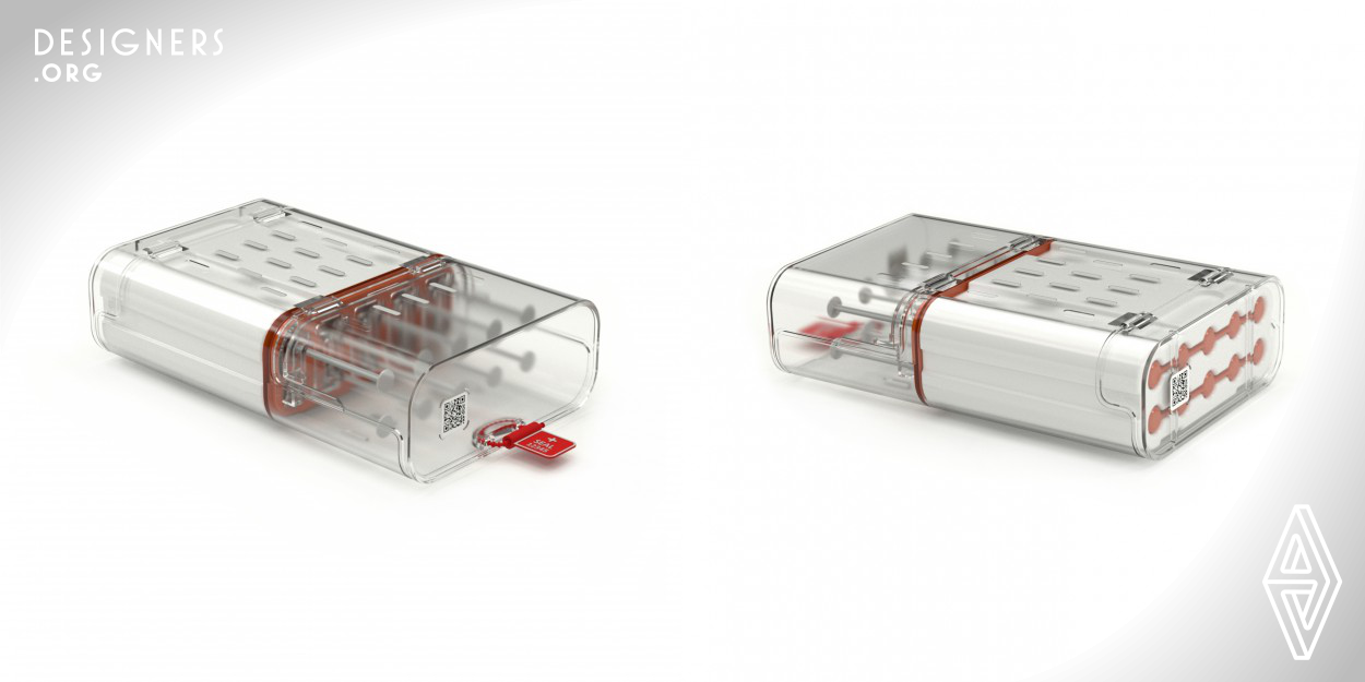 The Emergency Syringe Capsule Esc enables caregivers during vaccination campaigns to prepare in advance up to ten prefilled syringes for distribution. The Esc will provide a controlled environment with the help of a color-changing cold pack for up to five hours. It can also be used by emergency response teams during a crisis or various special circumstances. The design is intuitive and relies on visual cues to facilitate interactions between caregivers.