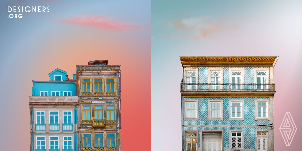 This series features the very traditional and unique buildings of Porto, Portugal. It is one of the oldest European centers and its most famous for port wine. The historic houses are interpreted with a pastel dreamworld of dust and dawns, golden gutters and clouds are supporting the surreal but peaceful vibes. Porto's traditional buildings are perfect to create a surreal, pastel dreamworld with clouds.